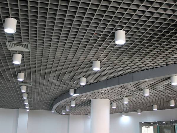 Aluminum gratings are used for interior ceilings.