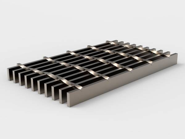 A piece of low carbon steel heavy duty steel grating on gray background.