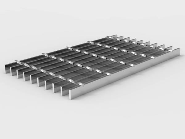 A piece of standard or light duty stainless steel grating on gray background.