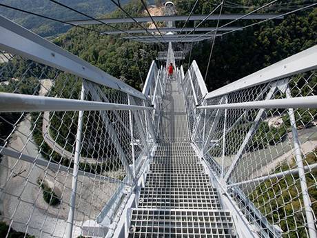 Panoramic view of the suspension bridge across the valley.