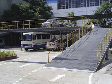 Serrated welded steel grating used as walkway for people to control speed.